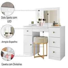 Penteadeira com Espelho Led Camarim Sonhos 5 Gavetas 1 Porta Branco Moval — foto 4