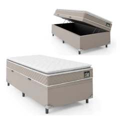 Cama Box Baú Solteiro Colchão D45 com Pillow Top Hellen Strong Bege 88x188x65cm Suporta até 150kg — foto 1