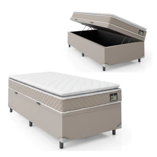 Cama Box Baú Solteiro Colchão D45 com Pillow Top Hellen Strong Bege 88x188x65cm Suporta até 150kg