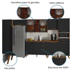 Armário De Cozinha Completa Vidro Reflecta Com Adega 11 Portas 4 Gavetas Favorita Preto /Nature — foto 4