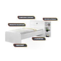 Cama Solteiro Cabeceira Baú 2 Gavetas 3 Nichos Hortencia Branco / Branco Lilás Flex — foto 6