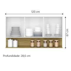 Armário Aéreo de Cozinha 3 Portas com Nicho 1,20m Freijó / Branco Line Kits Paraná — foto 2