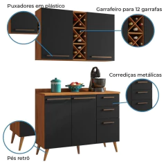 Armário de Cozinha 4 Portas 3 Gavetas com Adega 1,20m Favorita Natura / Preto — foto 4