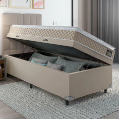 Cama Box Baú Solteiro Colchão D45 com Pillow Top Hellen Strong Bege 88x188x65cm Suporta até 150kg — foto 3