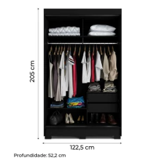 Guarda Roupas Solteiro Com Espelho 2 Portas de Correr 2 Gavetas Leblon Preto — foto 3