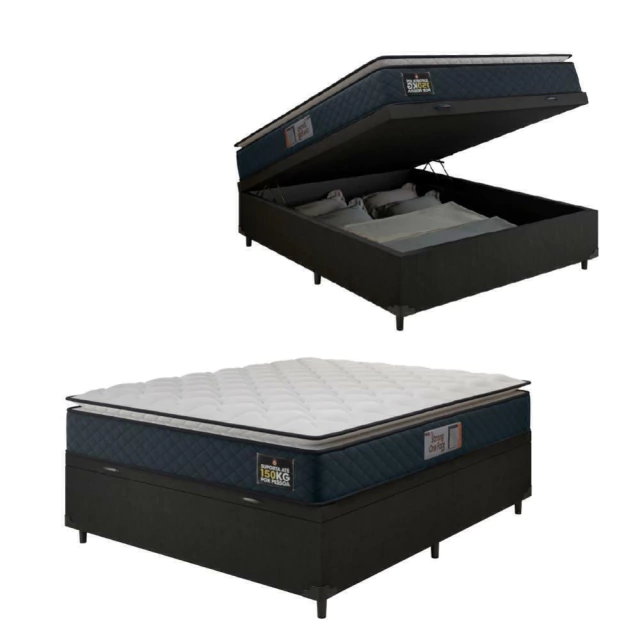 Cama Box Baú Casal Colchão Espuma D45 Pillow Top Strong 138x188x65cm Cinza/Preto Hellen - Suporta at