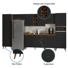 Armário De Cozinha Completa Com Adega 11 Portas 4 Gavetas Favorita Preto/Nature — foto 4