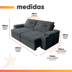 Sofá Retrátil e Reclinável 3 Lugares 2,12m c/ Porta Copos Entrada USB Veludo San Diego — foto 9