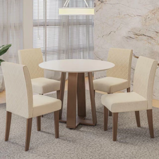 Conjunto de Mesa Sala de Jantar Redonda Athenas 4 Cadeiras Cedro / Off White / Areia Dobuê