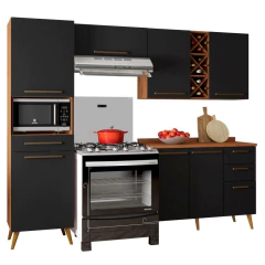 Armário De Cozinha Completa Com Adega 7 Portas 4 Gavetas Favorita Preto/Nature — foto 1