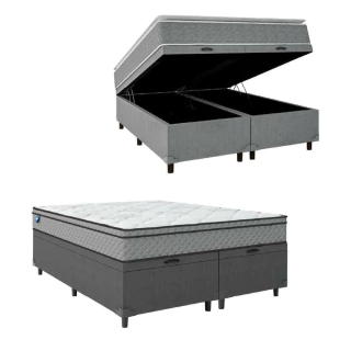 Cama Box Baú Casal Queen Colchão Molas Ensacadas Mirage 158x198x65cm Cinza/Branco Umaflex