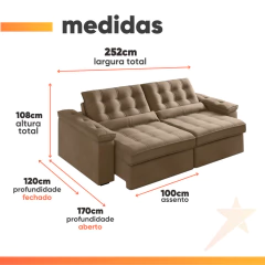 Sofá Retrátil e Reclinável 4 Lugares 2,52m Veludo Ilhéus — foto 3
