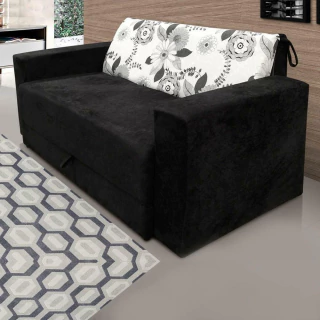 Sofá-Cama 2 Lugares Pratik 5000 Mamflex Preto/Cinza Floral Suede Amassado