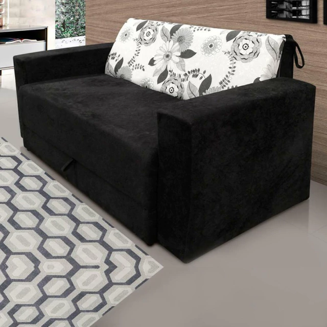 Sofá-Cama 2 Lugares Pratik 5000 Mamflex Preto/Cinza Floral Suede Amassado