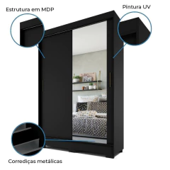 Guarda Roupas Solteiro Com Espelho 2 Portas de Correr 2 Gavetas Leblon Preto — foto 4
