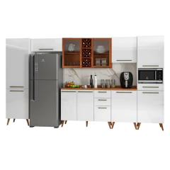 Armário De Cozinha Completa Vidro Reflecta Com Adega 11 Portas 4 Gavetas Favorita Branco/Nature — foto 1