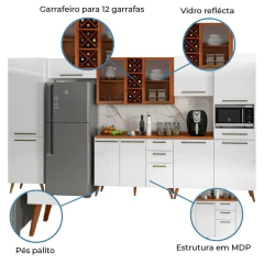 Armário De Cozinha Completa Vidro Reflecta Com Adega 11 Portas 4 Gavetas Favorita Branco/Nature — foto 4