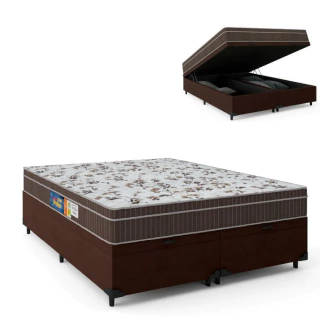 Cama Box Casal Queen Baú Colchão Espuma Orthoface Polar 158x198x66cm Marrom - Suporta Até 120kg Por