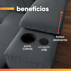 Sofá Retrátil e Reclinável 4 Lugares 2,52m c/ Porta Copos Entrada USB Veludo San Diego — foto 11
