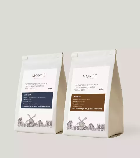 Kit Cafés Especiais Segundo Ato com duas embalagens de café moído ou em grãos, com rótulos detalhando as origens e sabores dos cafés Vincent e Matisse