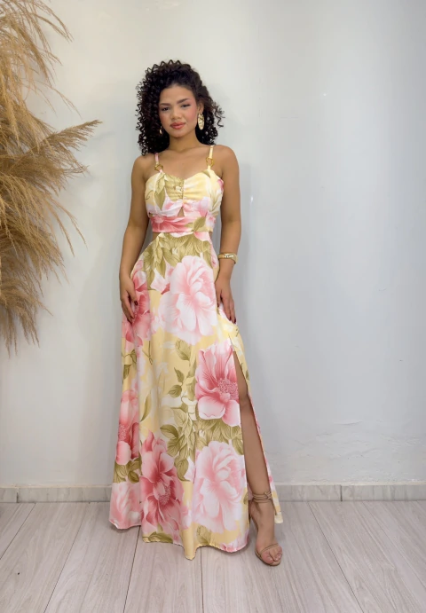 Vestido Feminino Fundo Amarelo Estampado Belle