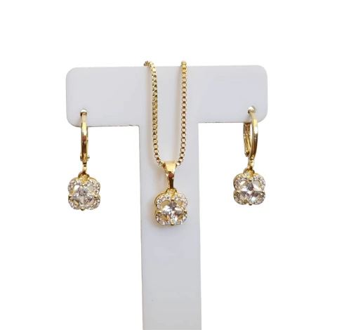 Conjunto de brinco e colar folheados a ouro 18k com zircônia - Trevo - comprar online