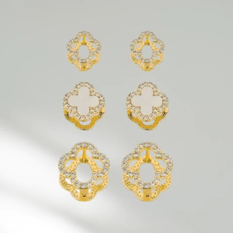 TRIO DE BRINCOS INSPIRAÇÃO VAZADO E CRAVEJADO - comprar online