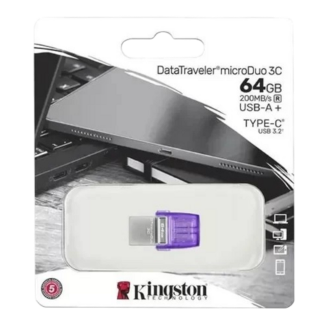 Pendrive Kingston DataTraveler microDuo 3C de 64GB con conectores USB-A y USB-C en empaque blanco