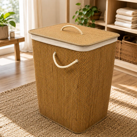 CESTO DE ROPA RECTANGULAR BAMBU CON ASAS DE CUERDA 32X43X60CM (B4977)