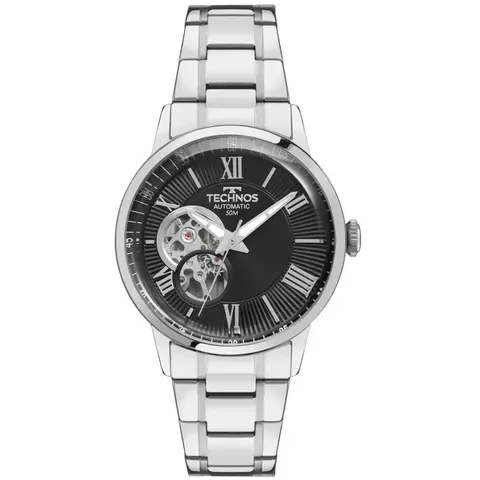 Technos Original Automático Open Heart 42mm – Prata e Preto