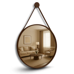 Espelho Decorativo Redondo Adnet Suspenso com Alça de Botão Costurada em Couro Ecológico para Banheiro Quarto Sala
