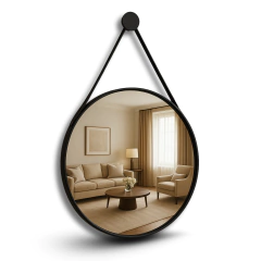 Espelho Decorativo Redondo Adnet Suspenso com Alça de Botão Costurada em Couro Ecológico para Banheiro Quarto Sala - Couse