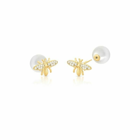 BRINCO EAR JACKET DE ABELHA COM PÉROLA E ZIRCÔNIAS
