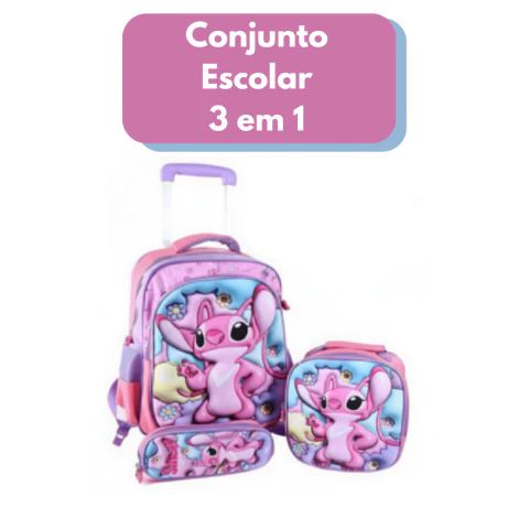 ANGEL Rosa STIT. - Conjunto Escolar Mochila de Rodinhas + Lancheira + Estojo Infantil 3D Meninas Rosa - BL24‐10