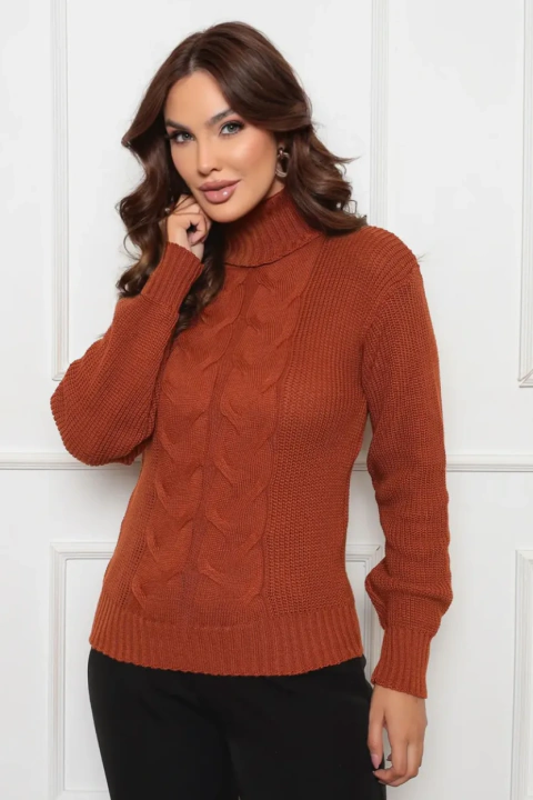 Blusa Tricot Gola Alta com Trança Frontal e Manga Longa