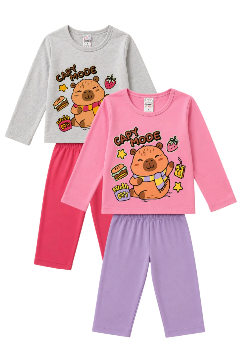 Pijama Bebê/Juvenil Brilha no Escuro Manga Longa em Malha PV - Capy Mode
