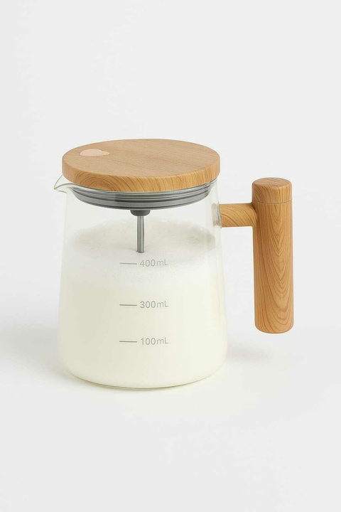 Jarrita De Vidrio C/manija, Tapa De Madera Batidor Espumador