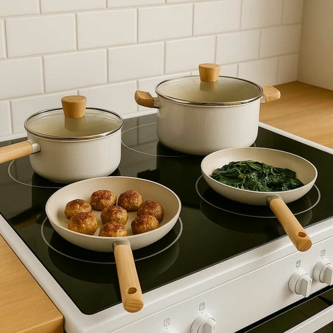 Bateria De Cocina 6p Natural Y Madera Olla Y Sarten Cook