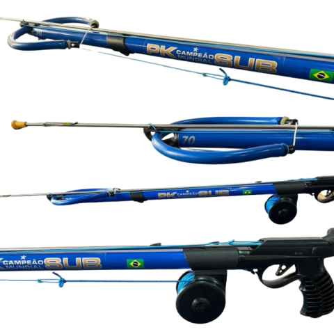 Arbalete Pk Brasil Inox Customizado Cano Azul 1 Elástico Azul Apoio de Peito e Dyneema Azul - PK Sub