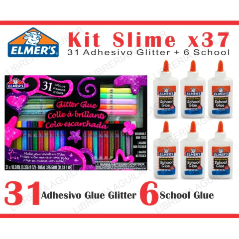 Kit 37 Piezas Elmers Tonos Pastel Y Glitter + 6 School Glue