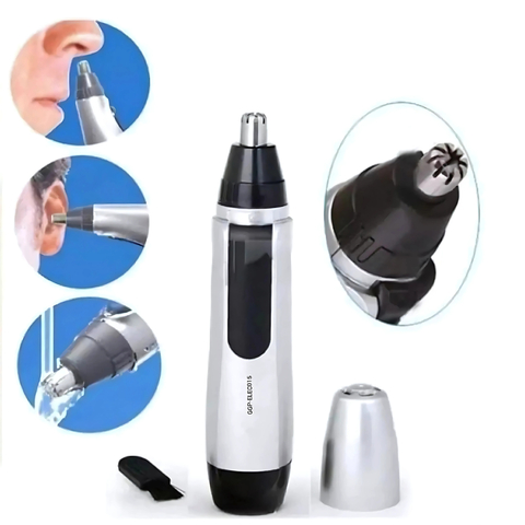 Recortador de vello para nariz y oídos, diseño ergonómico en color plateado, cabezal de acero inoxidable y accesorios incluidos, resistente al agua.