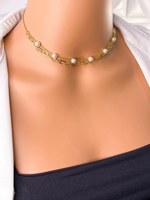 COLAR FOLHEADO A OURO -DUPLO PEROLA E CORAÇÃO