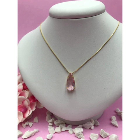 COLAR FOLHEADO A OURO GOTA PEDRA ROSA