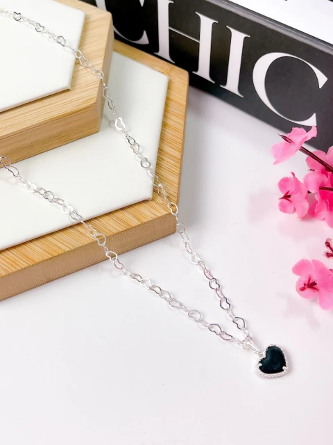 COLAR FOLHEADO A OURO - CORRENTE CORÇÃO PINGENTE CORAÇÃO PRETO