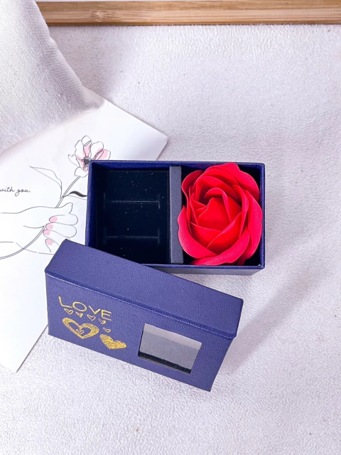 CAIXINHA PARA PRESENTE JOIAS BIJUTERIAS 4X8 LOVE COM FLOR LUXO - AZUL MARINHO