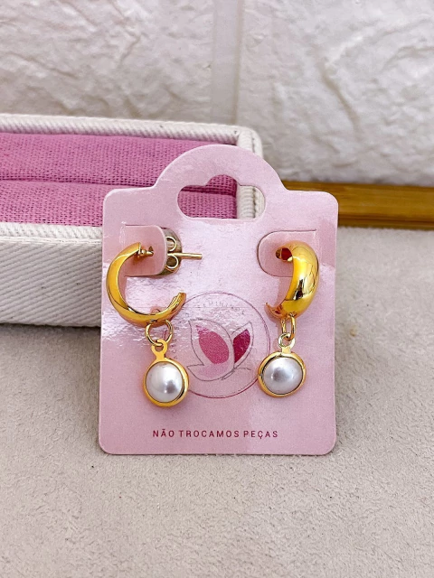 BRINCO FOLHEADO A OURO - ARGOLA PÉROLA