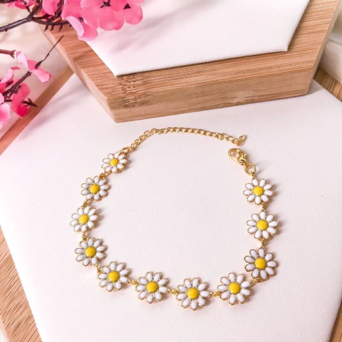 PULSEIRA FOLHEADA DOURADA - MARGARIDAS