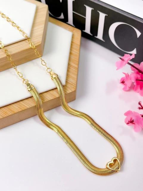 COLAR FOLHEADO A OURO -MALHA PINGENTE CORAÇÃO