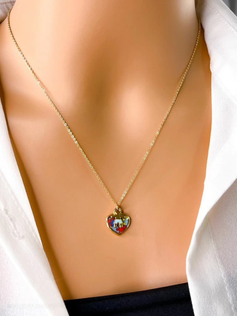 COLAR FOLHEADO A OURO - CORRENTE CADEADO FINO CORAÇÃO AUTISMO MENINO (PINGENTES EM VERNIZ ITALIANO)