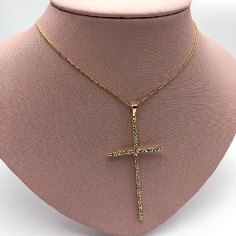 COLAR JOINHA FOLHEADO DOURADO - CRUZ CRISTAL